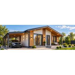 Casă modulară Dadi Family cu 2 dormitoare, terasă și copertină auto A-1